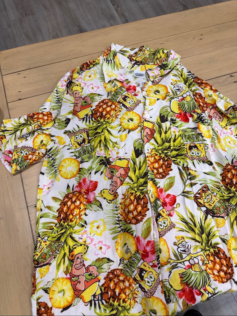 SpongeBob Squarepants Pineapple Hawaiian Button-Up Shirt - White, Yellow, Green